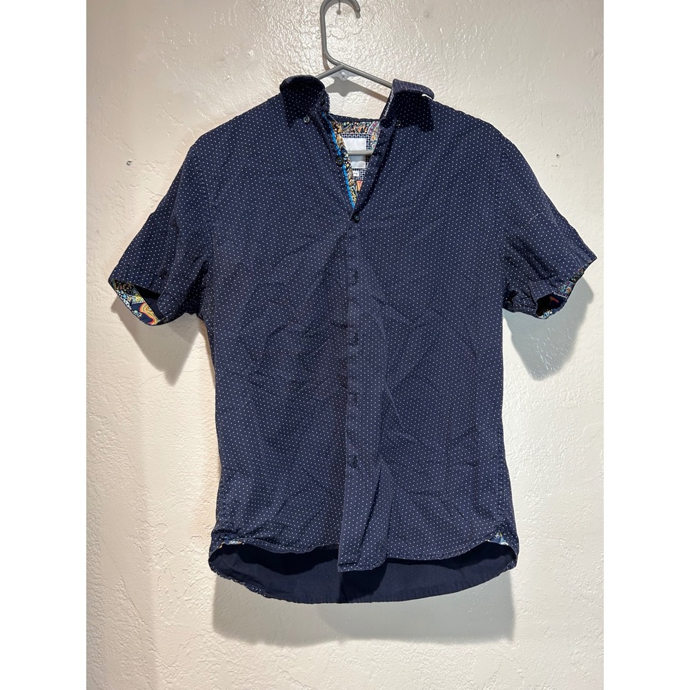 Cactus Man Ricky Singh Mens Medium‎ Navy Blue Polka Dot Paisley Trim SS Shirt